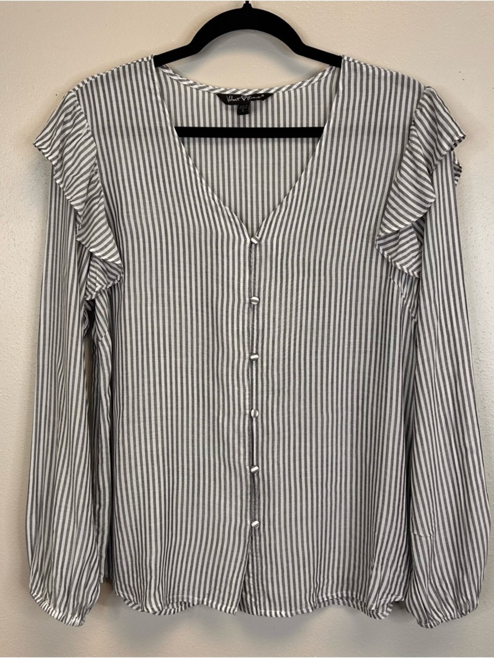 Ruffle Stripe Gray White Button Blouse Nautical Spring Summer Lightweight Vneck